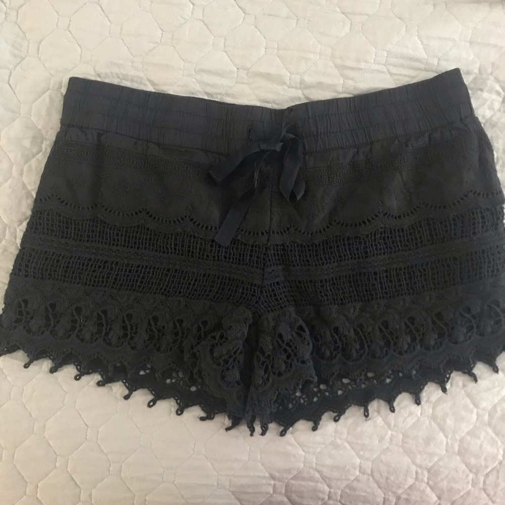 Black Crochet Lace Ribbon-Tie Shorts